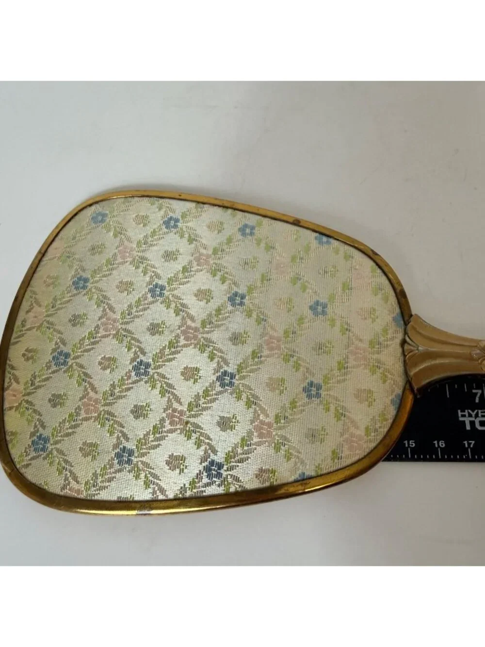 Vanity Hand Mirror Boudoir Decor Blue Floral VTG Brass Tone Hollywood Regency